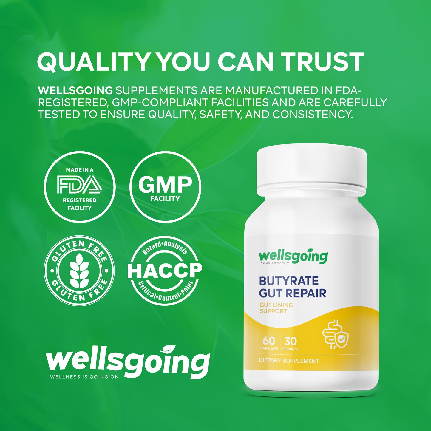 Wellsgoing Butyrate – Postbiotic Gut Support – 60 Capsules