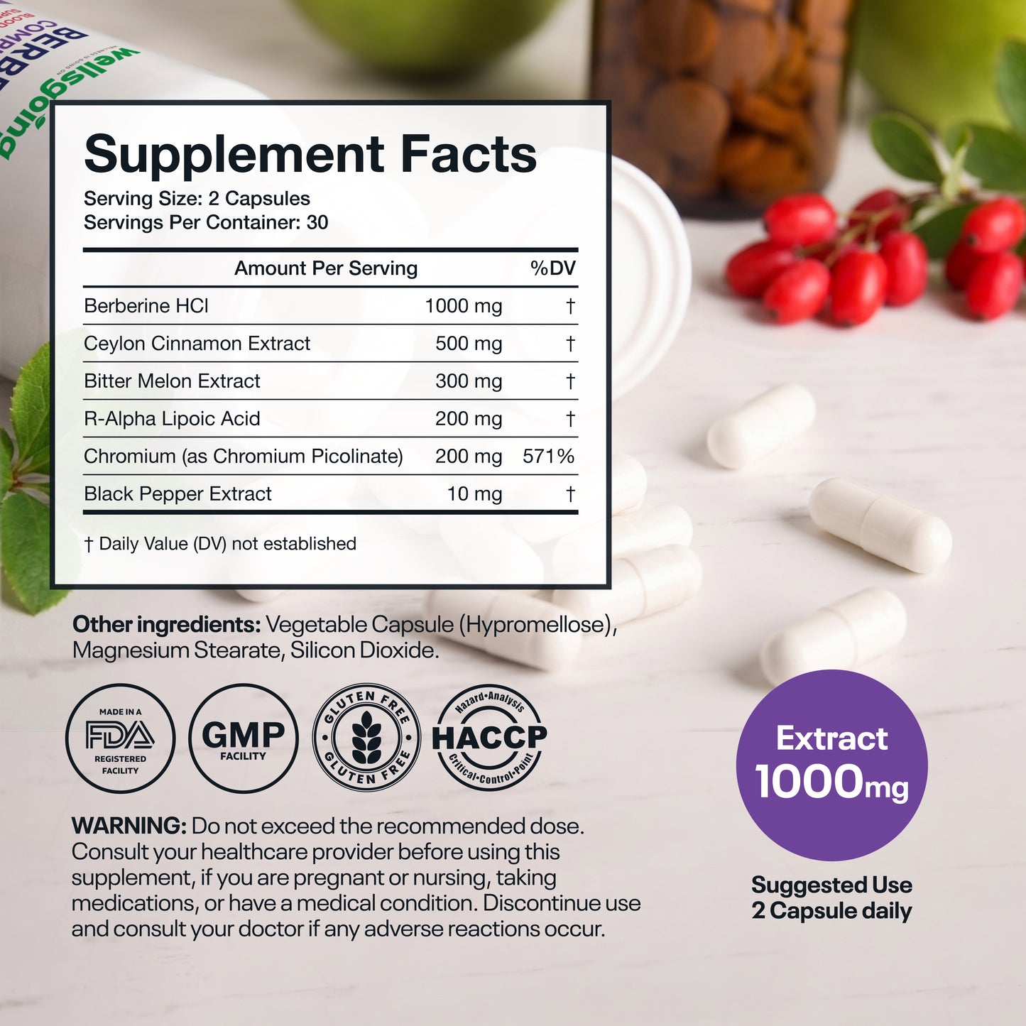 Berberine 1000mg Complex – Metabolism, Energy & Craving Support with Cinnamon & ALA – 60 Capsules