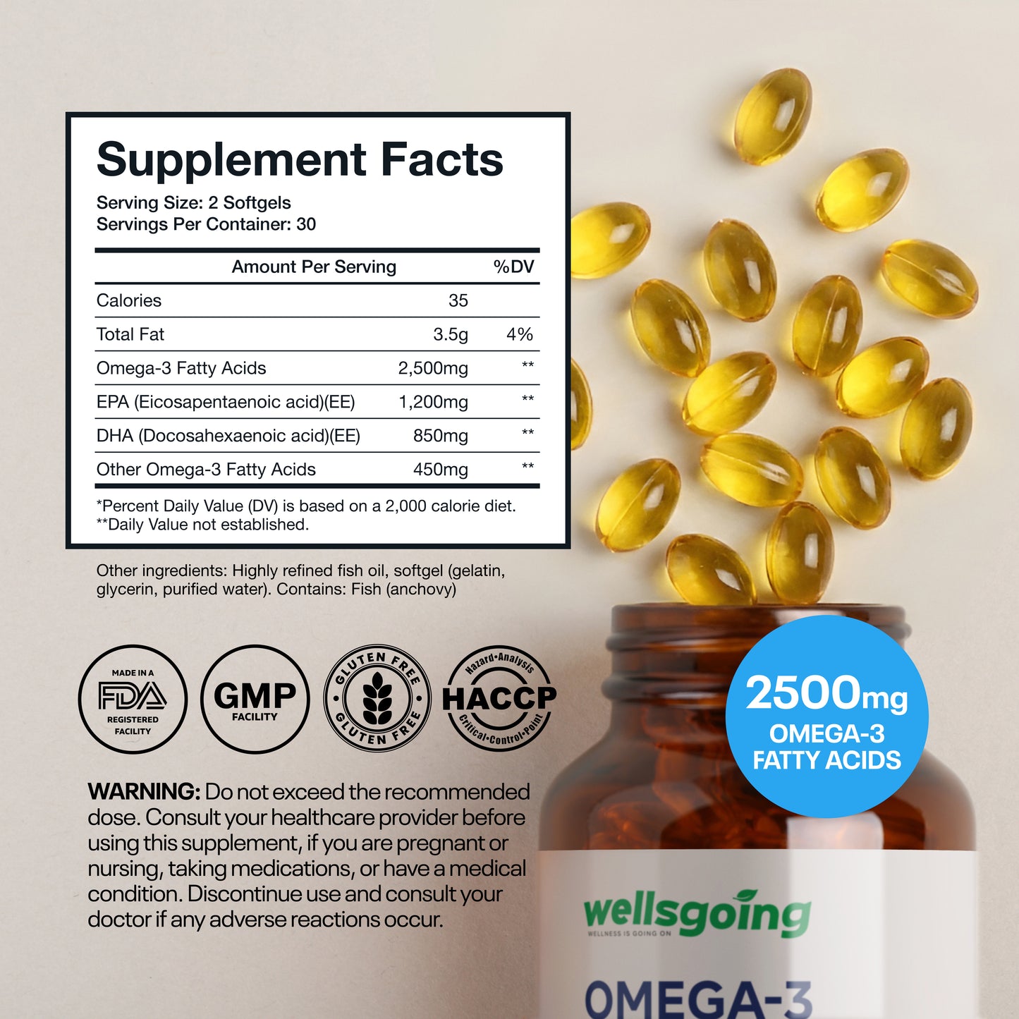 Wellsgoing Omega-3 Fish Oil 2500 mg – Heart & Brain Support (60 Softgels)