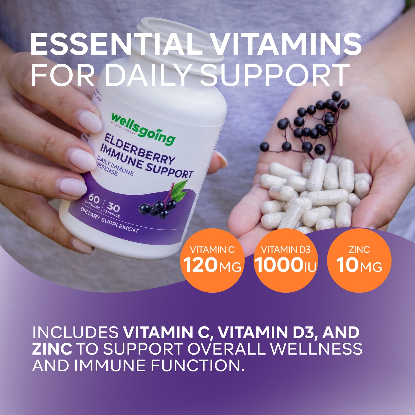 Wellsgoing Elderberry + Vitamin C & Zinc – Daily Supplement – 60 Capsules