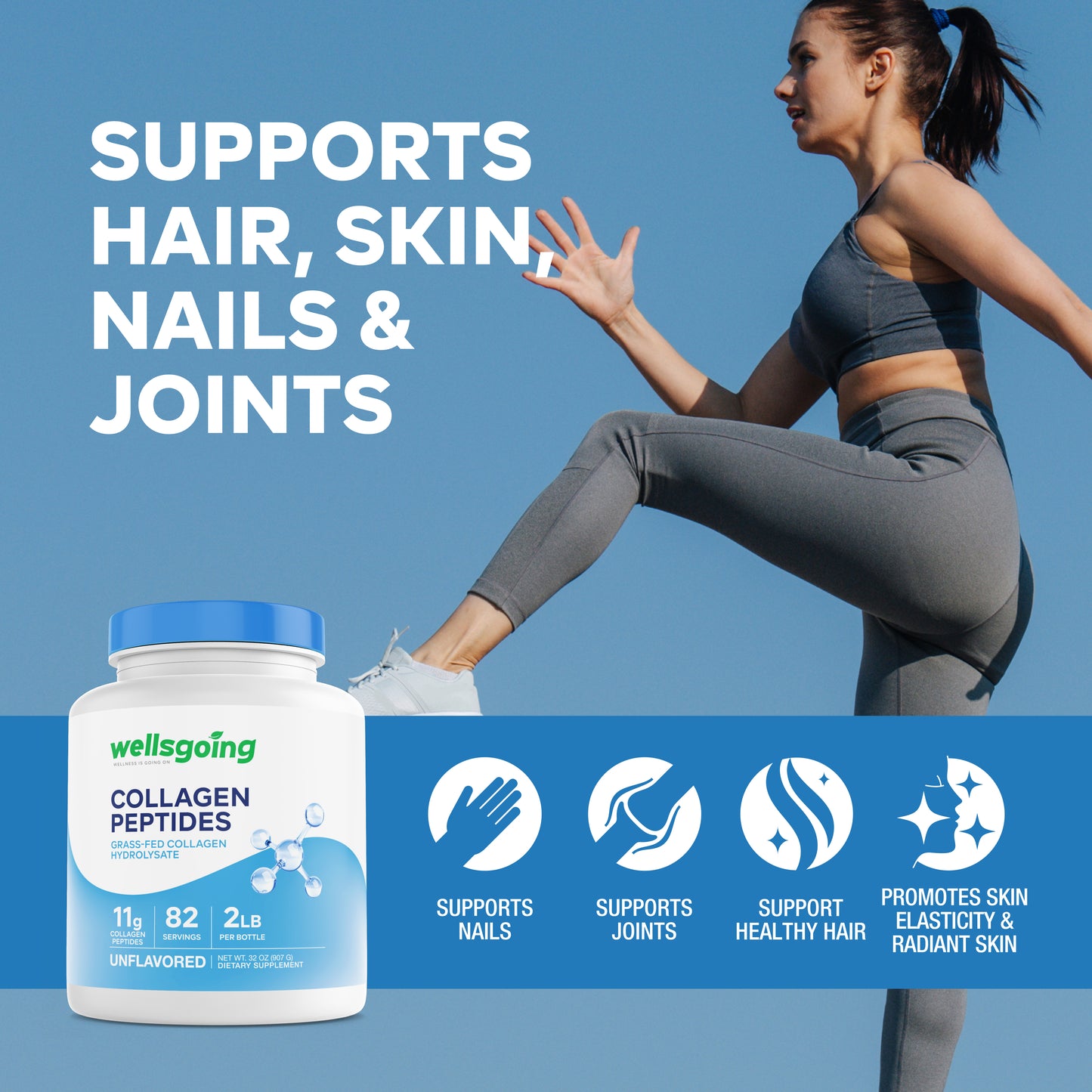 Wellsgoing Grass-Fed Collagen Peptides Powder – Hair, Skin & Joint Support (2 lb)