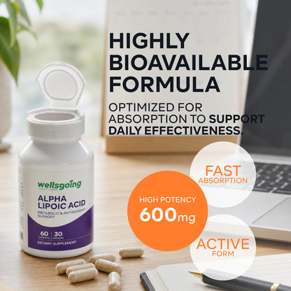 Wellsgoing Alpha Lipoic Acid 600 mg – Advanced Antioxidant Support – 60 Capsules