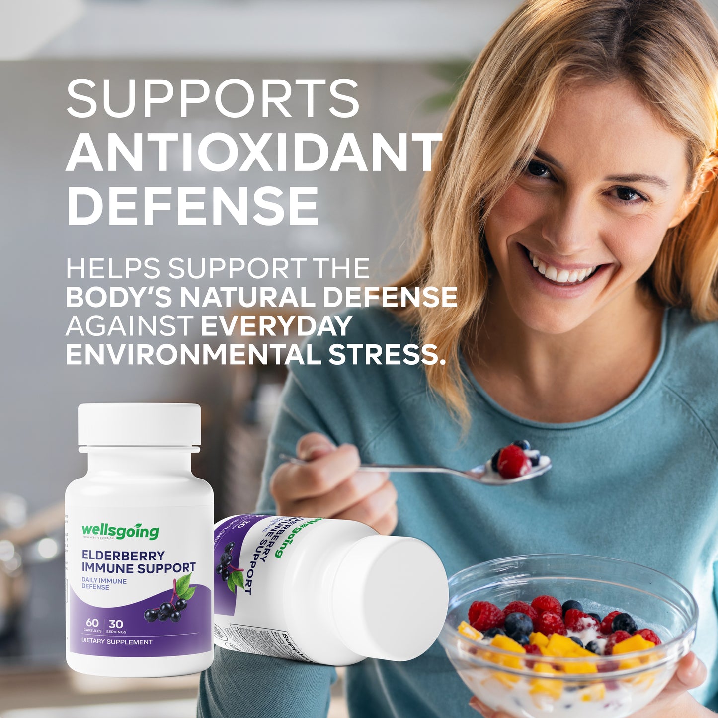 Wellsgoing Elderberry + Vitamin C & Zinc – Daily Supplement – 60 Capsules