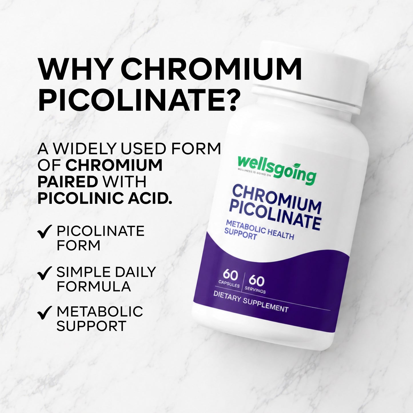 Wellsgoing Chromium Picolinate 200 mcg – Daily Metabolic Wellness Formula – 60 Capsules