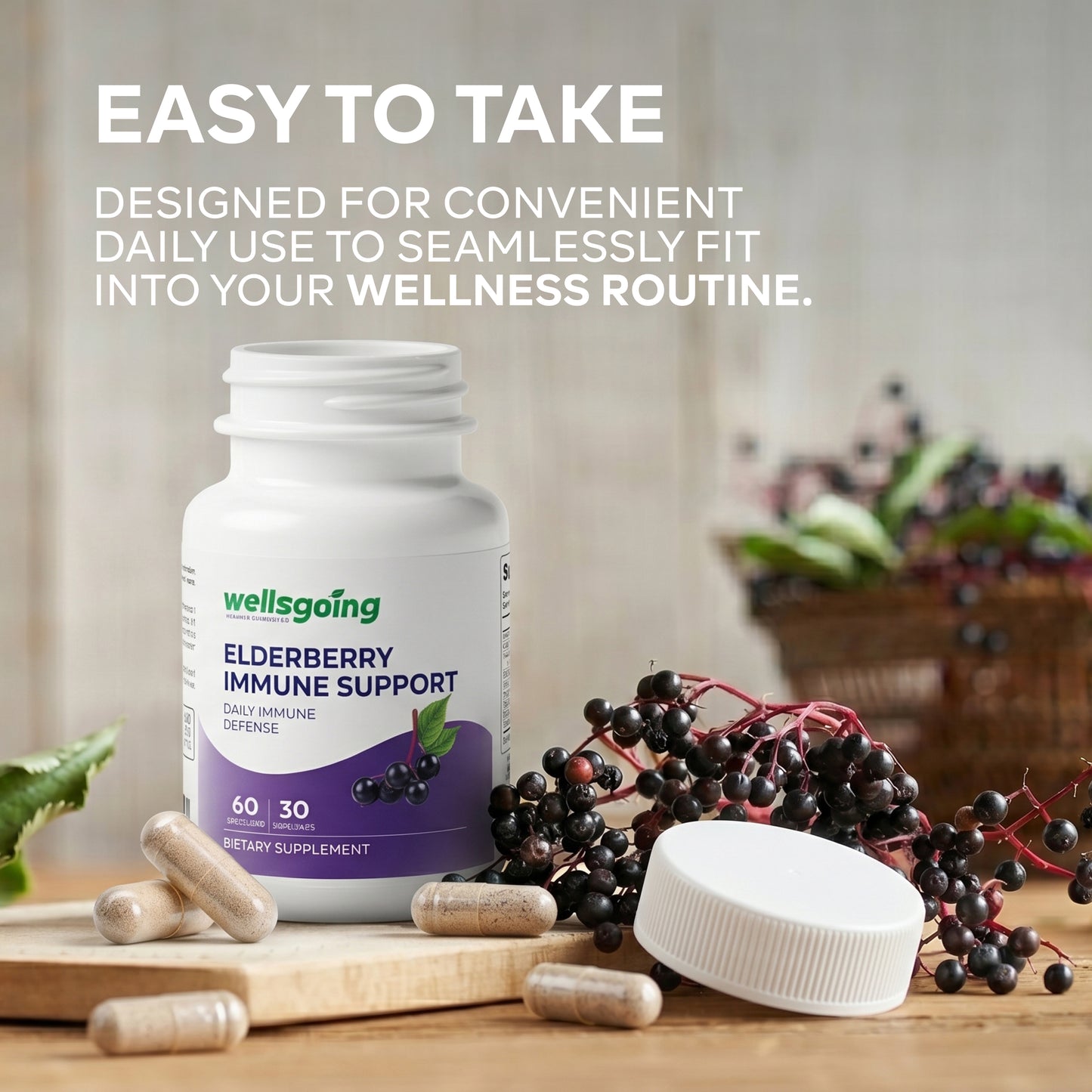 Wellsgoing Elderberry + Vitamin C & Zinc – Daily Supplement – 60 Capsules