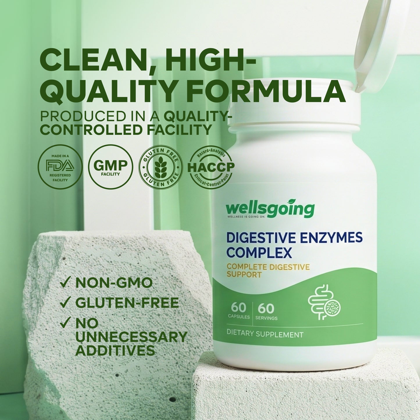 Wellsgoing Digestive Enzymes Complex – Digestive Support – 60 Capsules