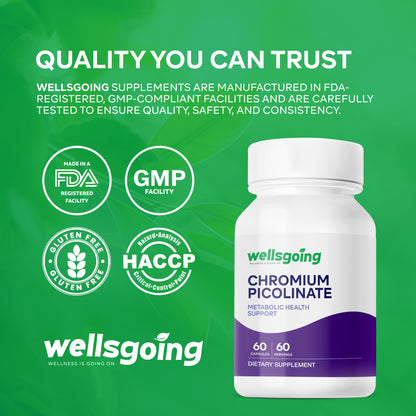 Wellsgoing Chromium Picolinate 200 mcg – Daily Metabolic Wellness Formula – 60 Capsules